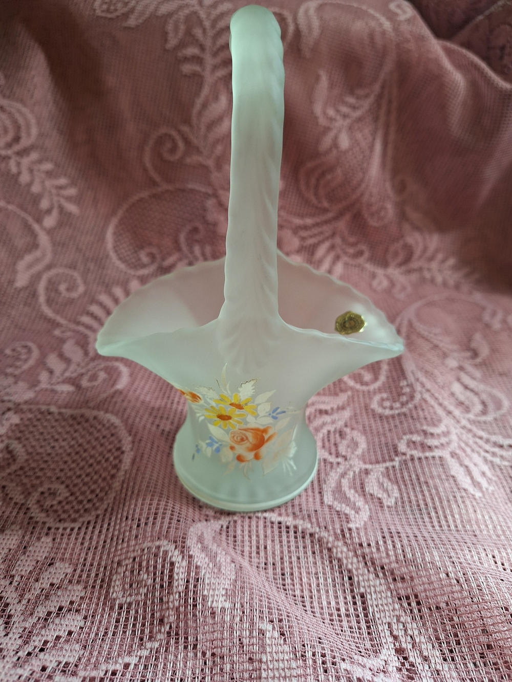 Westmoreland Milk Glass Basket with Hand-Painted Floral Motif - White and Orange